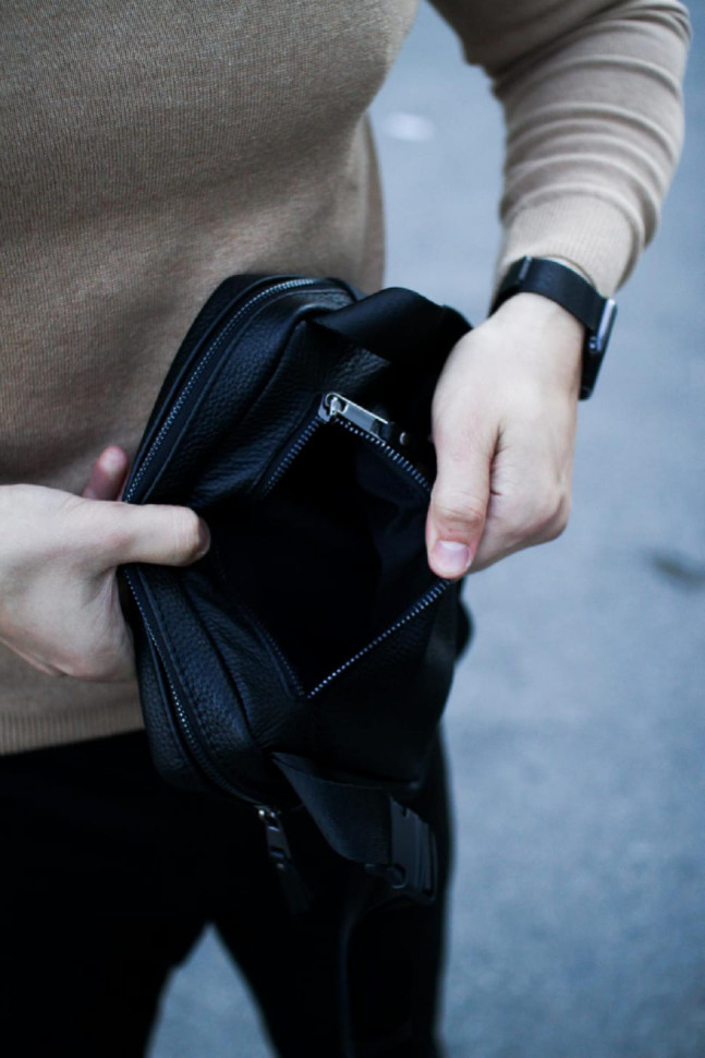 Crossbody, genuine leather fanny pack, leather waist bag SKILL Smart (black)