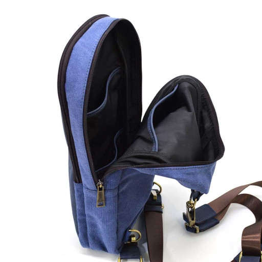 Слінг-рюкзак із синього канвасу та синьої шкіри крейзі хорс RKk-2017-4lx TARWA