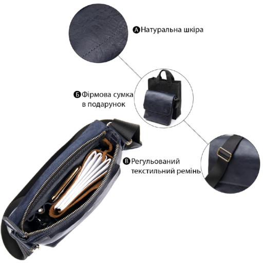 Практична шкіряна чоловіча сумка-месенджер GRANDE PELLE 11433 Темно-синій