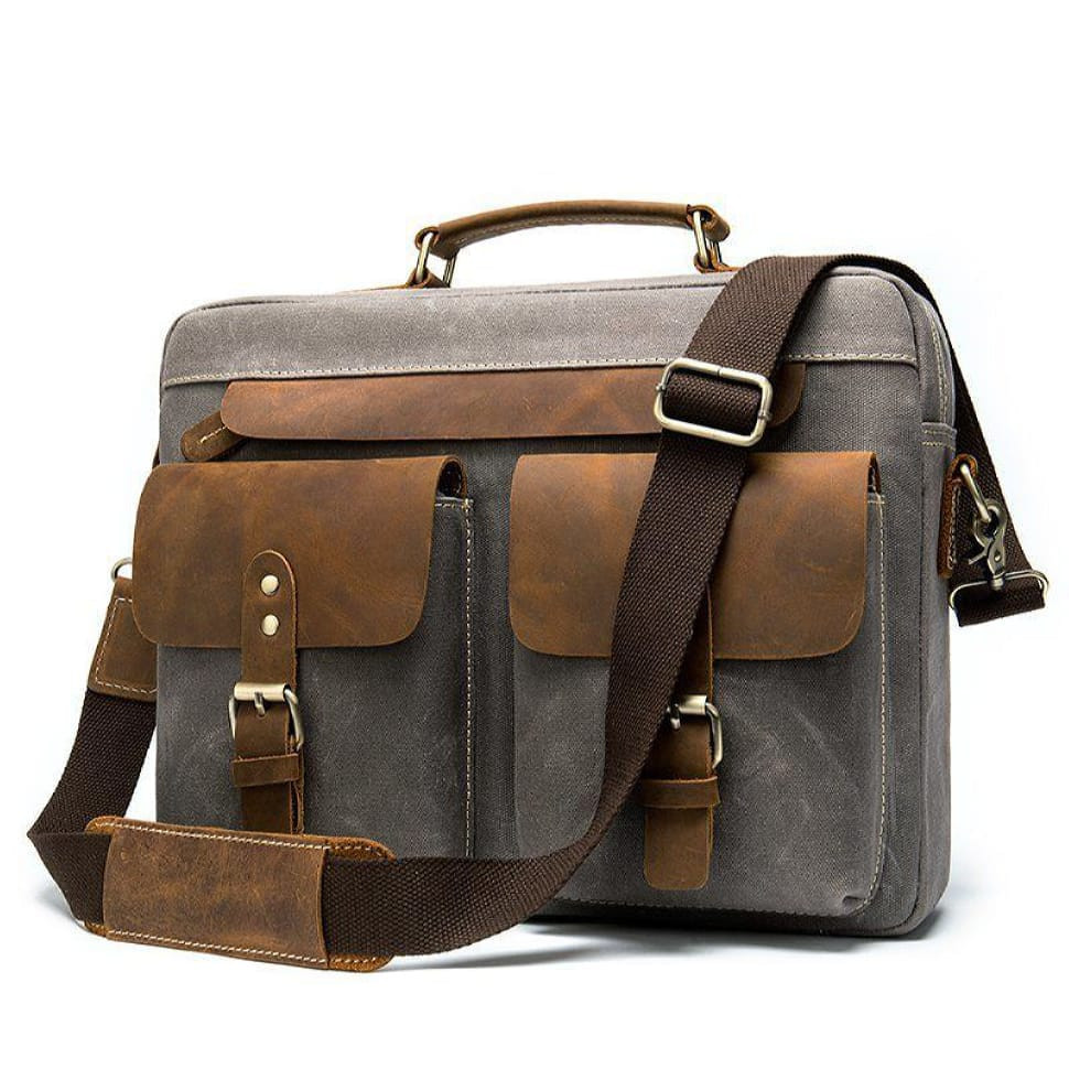 Сумка-портфель чоловіча текстильна з шкіряними вставками Vintage 20001 Cерая
