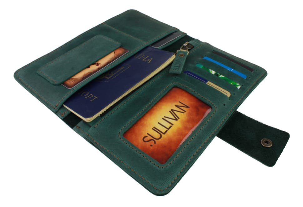Mens large leather wallet travel SULLIVAN 103-54(10) green