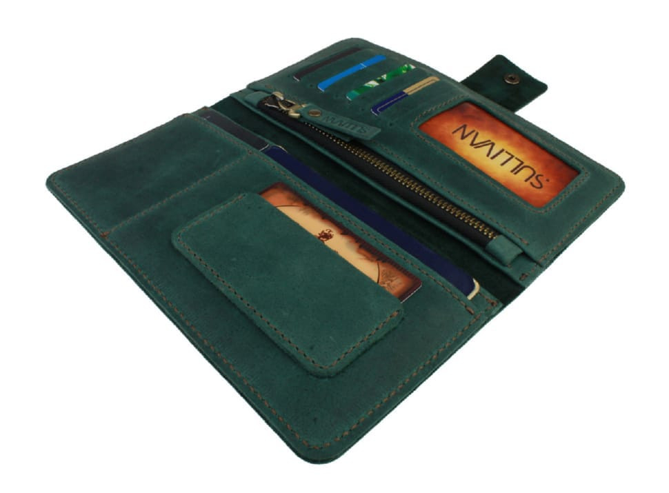Mens large leather wallet travel SULLIVAN 103-54(10) green