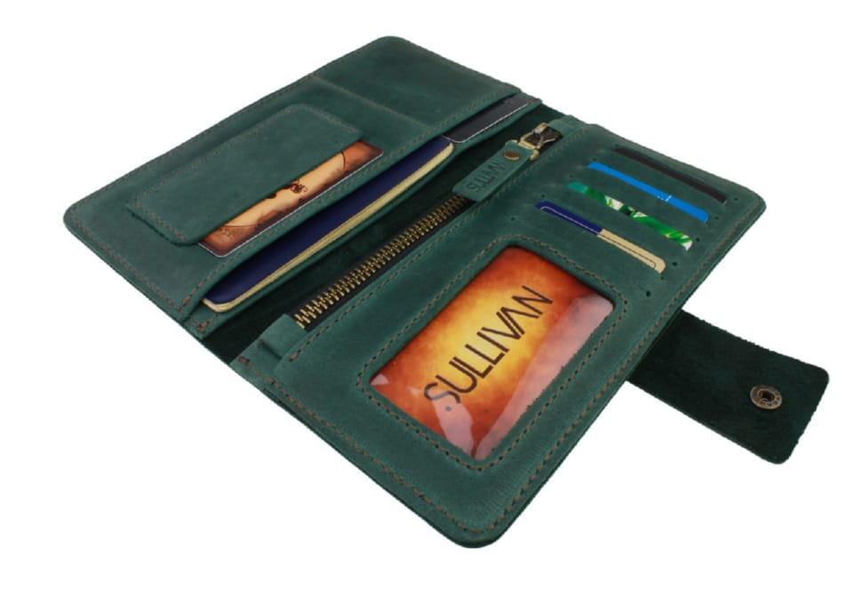 Mens large leather wallet travel SULLIVAN 103-54(10) green