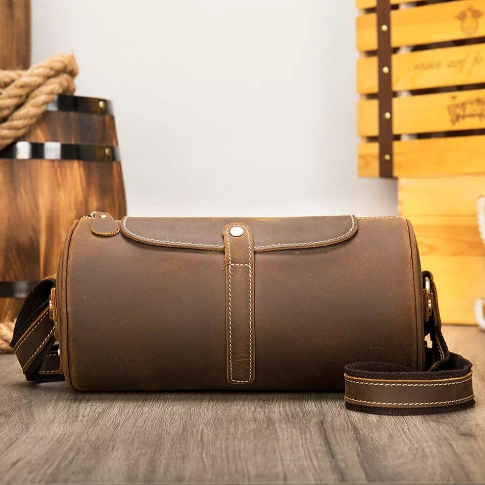 Сумка бочонок з кінської шкіри, месенджер на плече x9002