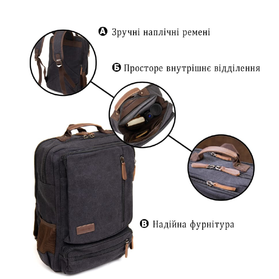 Рюкзак текстильный дорожный унисекс на два отделения Vintage 20611 Черный