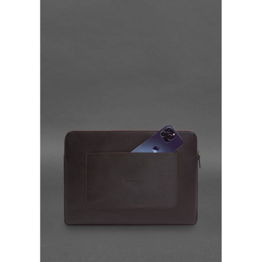 Шкіряний чохол для ноутбука на блискавці з хлястиком та кишенею Темно-коричневий