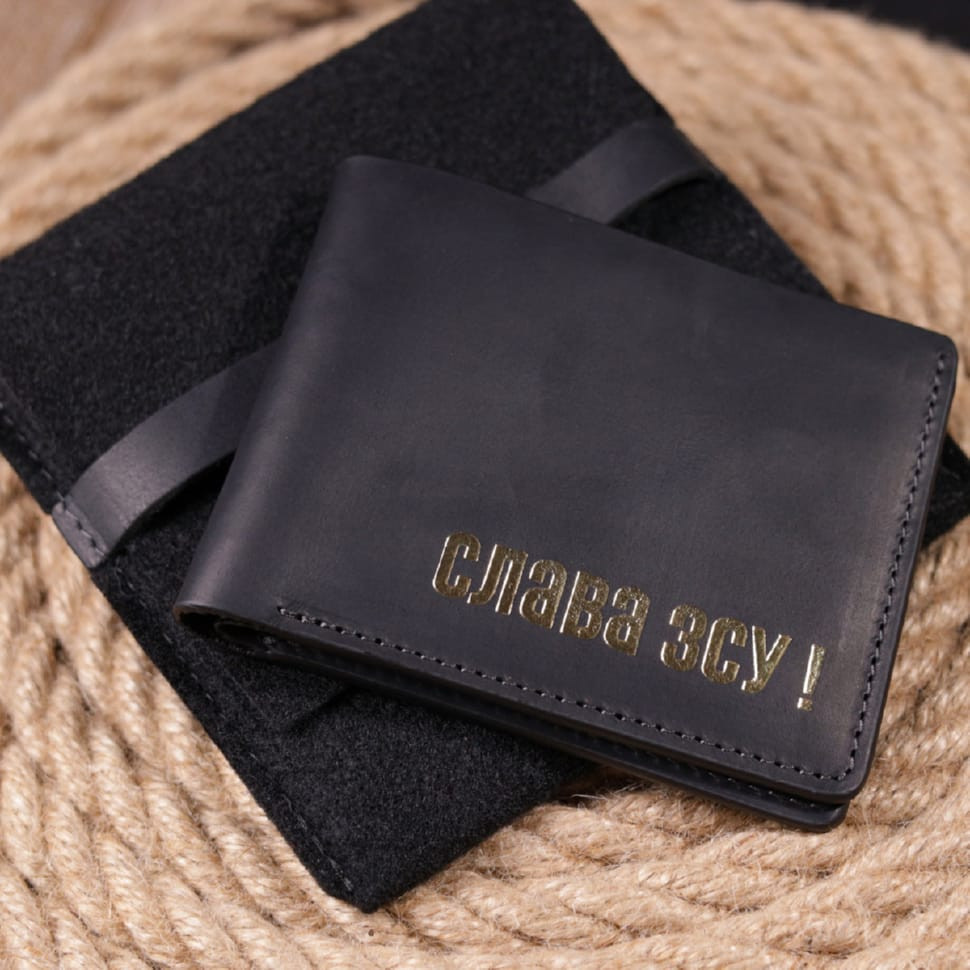 Відмінний шкіряний гаманець без застібки Слава ЗСУ GRANDE PELLE 16754 Чорний