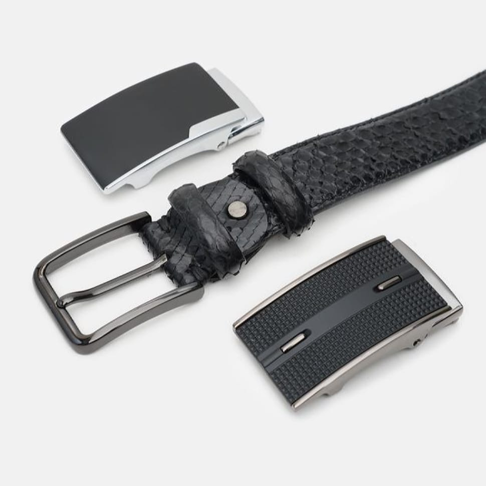 Набір ремінь чоловічий зі шкіри пітона + 2 пряжки Sergio Torri 7-005 165 см Чорний