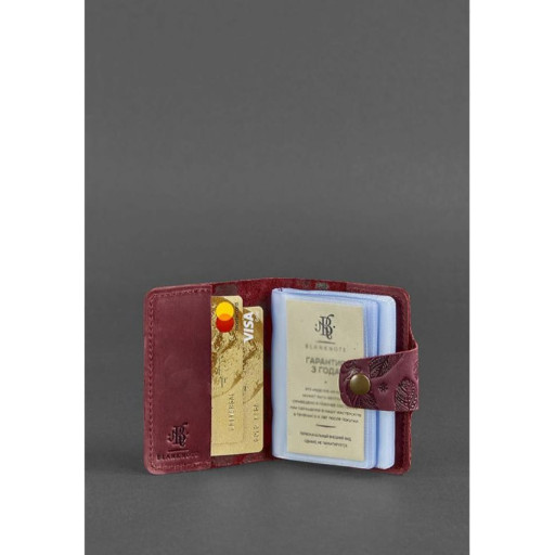 Жіночий шкіряний кард-кейс 7.1 (Книжка) бордовий з пір'ям Crazy Horse