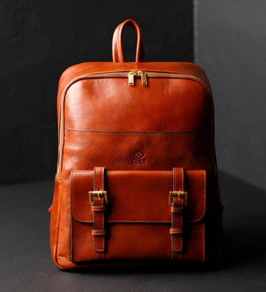 Large Leather Backpack for Men - The Divine Comedy - Cognac Brown Matte color - Time Resistance 5248501