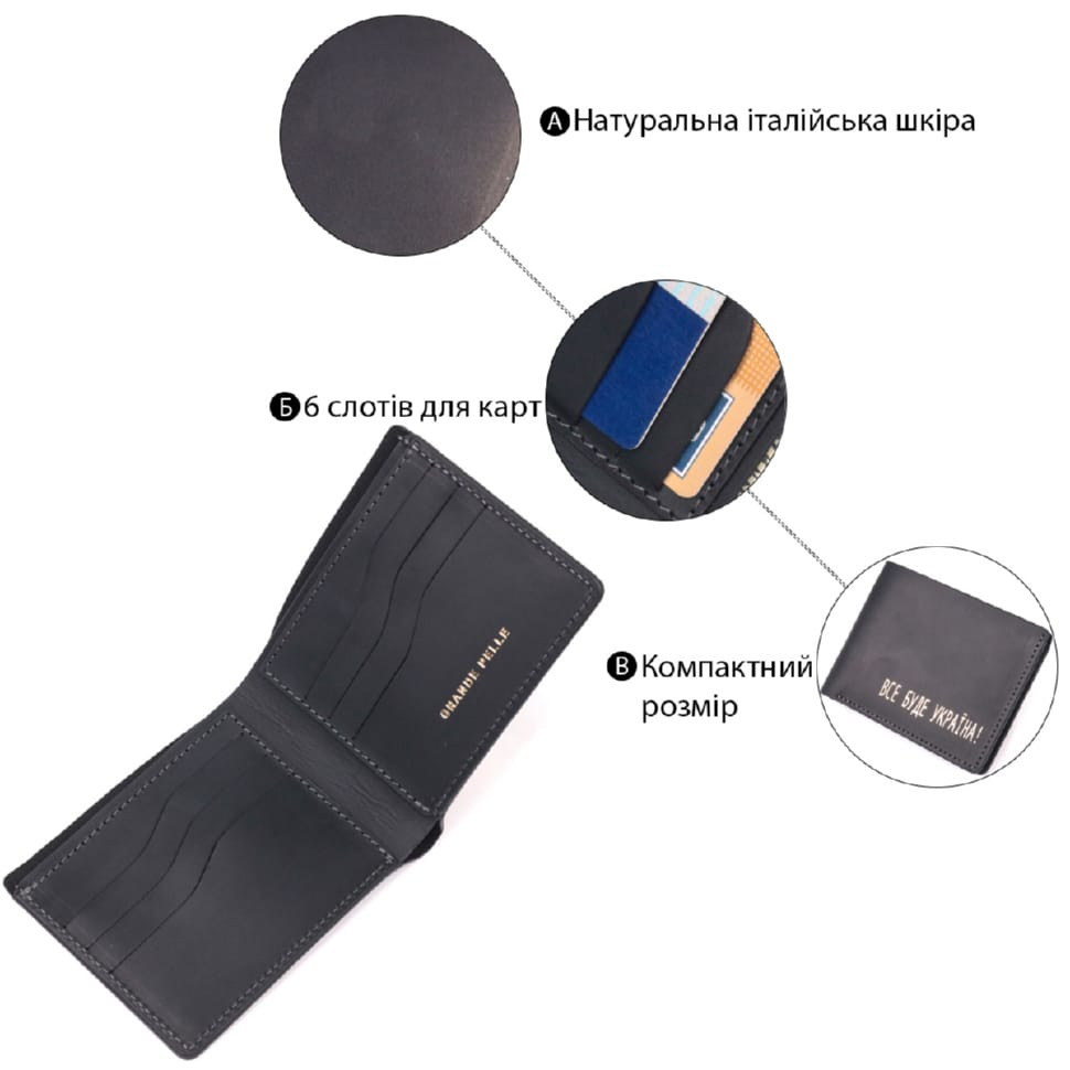 Функціональний шкіряний гаманець без застібки Україна GRANDE PELLE 16755 Чорний