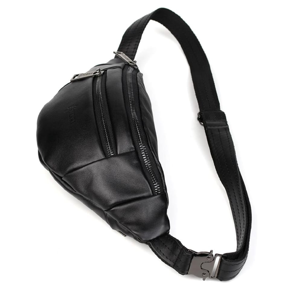 Leather banana bag with two compartments with front pocket TARWA GA-8040-3md black nappa