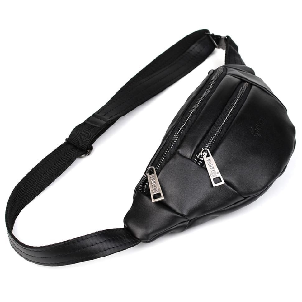 Leather banana bag with two compartments with front pocket TARWA GA-8040-3md black nappa