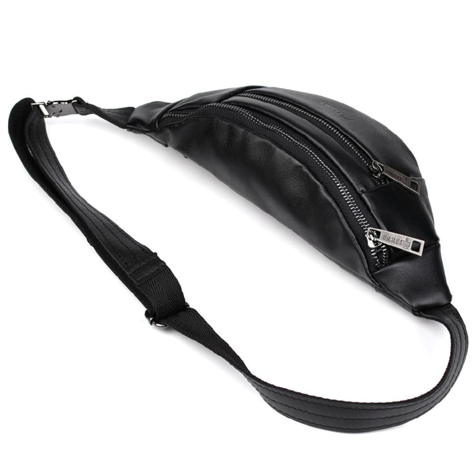 Leather banana bag with two compartments with front pocket TARWA GA-8040-3md black nappa