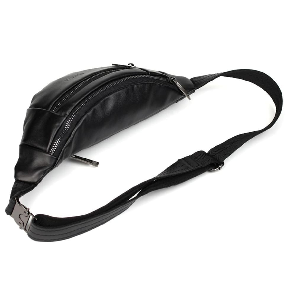 Leather banana bag with two compartments with front pocket TARWA GA-8040-3md black nappa