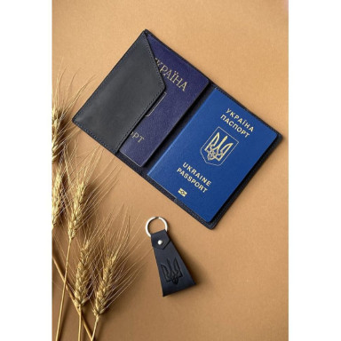 Gift set of leather accessories with Ukrainian symbols dark blue