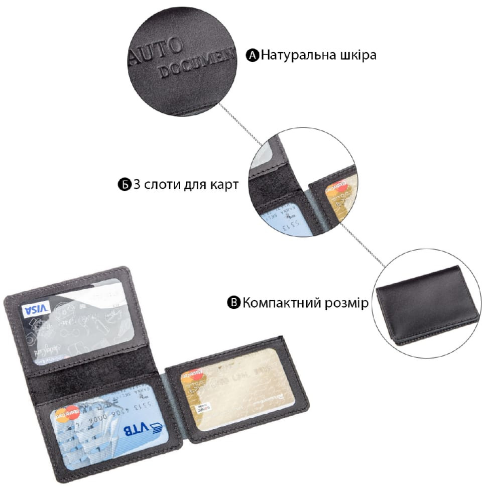 Обкладинка для авто документів на 3 слоти шкіряна Shvigel 13966 Чорна