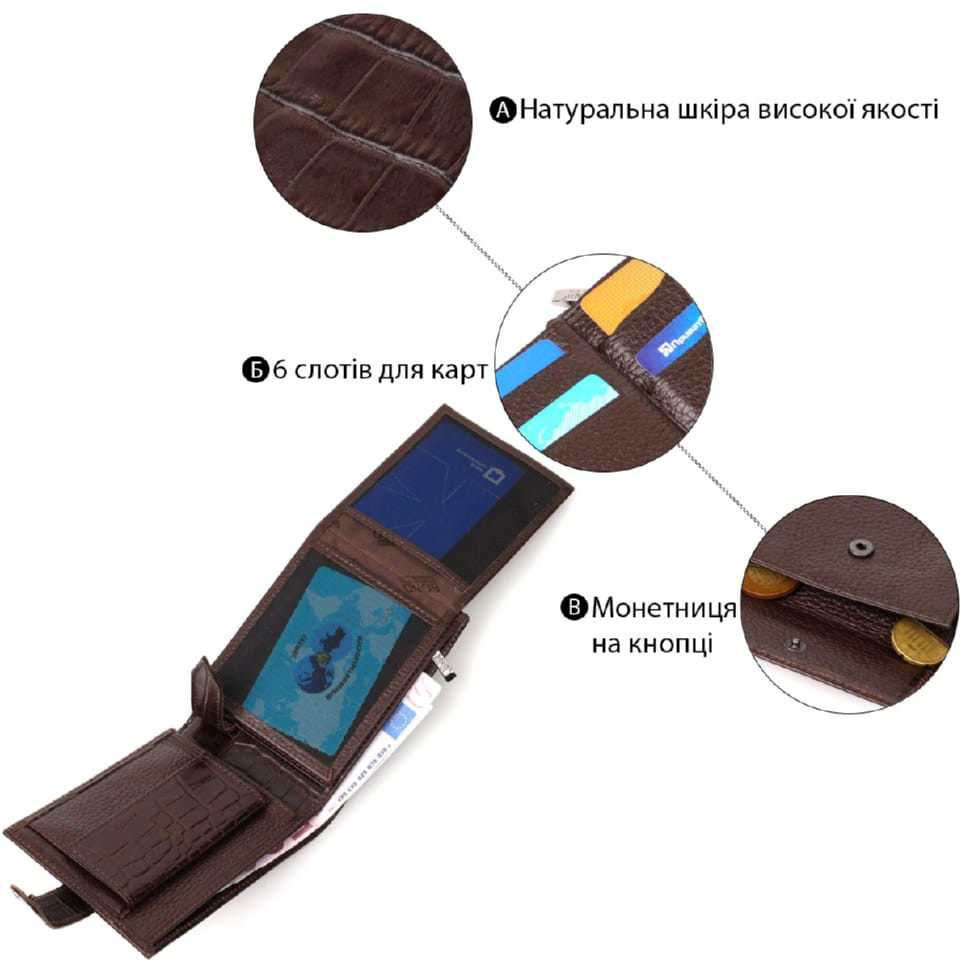 Функціональний гаманець середнього розміру для чоловіків з натуральної шкіри з тисненням під крокодила BOND 21999 Коричневий