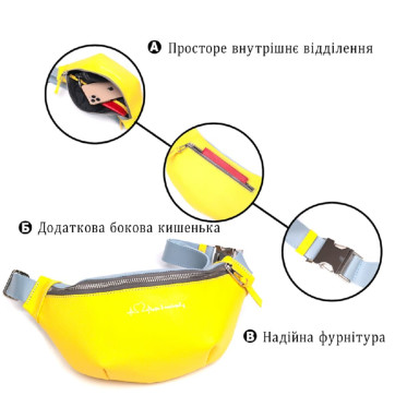 Патриотическая кожаная сумка-бананка комби двух цветов Сердце GRANDE PELLE 16760 Желто-голубая