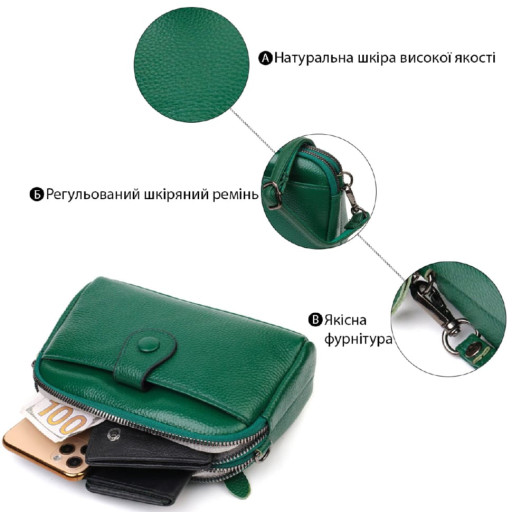 Сумка-клатч в оригінальному дизайні з натуральної шкіри 22101 Vintage Зелена