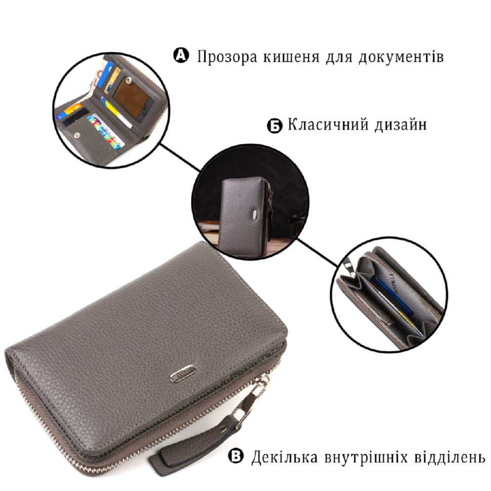 Отличное женское портмоне среднего размера из натуральной зернистой кожи CANPELLINI 21908 Серое