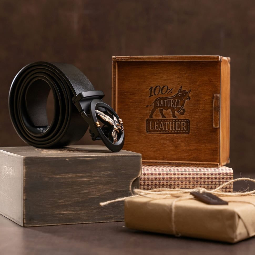 Чоловічий ремінь з пряжкою автомат з силуетом орла Vintage 20297 Чорний