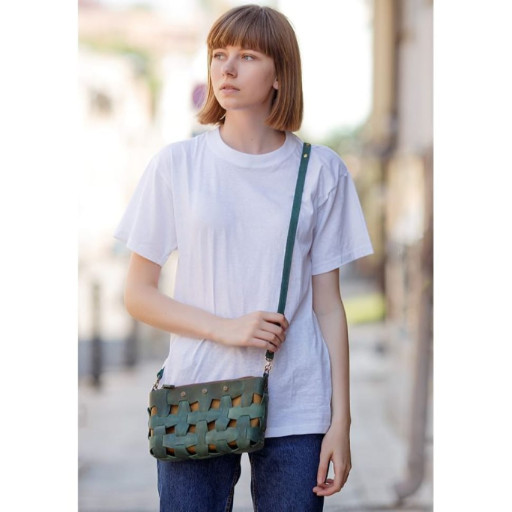 Шкіряна жіноча плетена сумка Пазл S зелена Crazy Horse