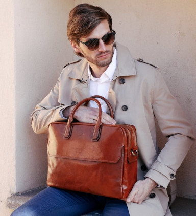 Large Leather Briefcase Laptop Bag  - Nostromo - Cognac Brown color - Time Resistance 5237101