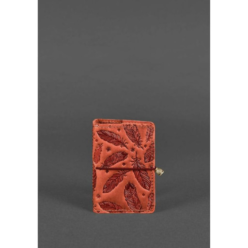 Жіночий шкіряний кард-кейс 7.0 кораловий з пір'ям