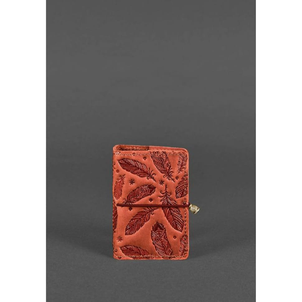 Жіночий шкіряний кард-кейс 7.0 кораловий з пір'ям