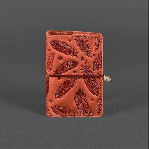 Жіночий шкіряний кард-кейс 7.0 кораловий з пір'ям