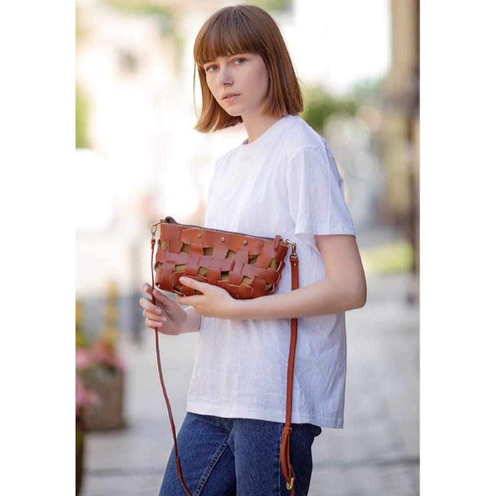 Women's leather woven bag Puzzle S light brown Krast