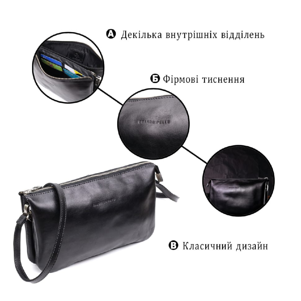 Роскошный женский клатч из натуральной кожи GRANDE PELLE 11657 Черный