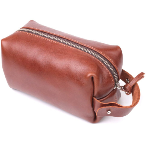 Чоловічий несесер середнього розміру з гладкої шкіри на блискавці GRANDE PELLE 16766 Світло-коричневий