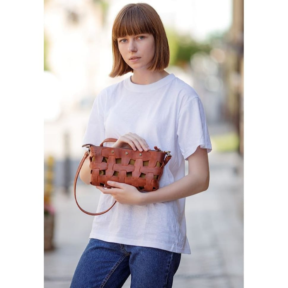 Women's leather woven bag Puzzle S light brown Crazy Horse