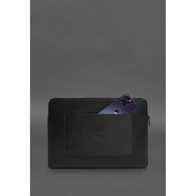 Leather Laptop Case with Zipper and Strap and Pocket Black
