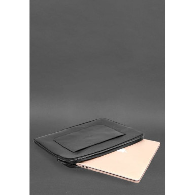 Leather Laptop Case with Zipper and Strap and Pocket Black