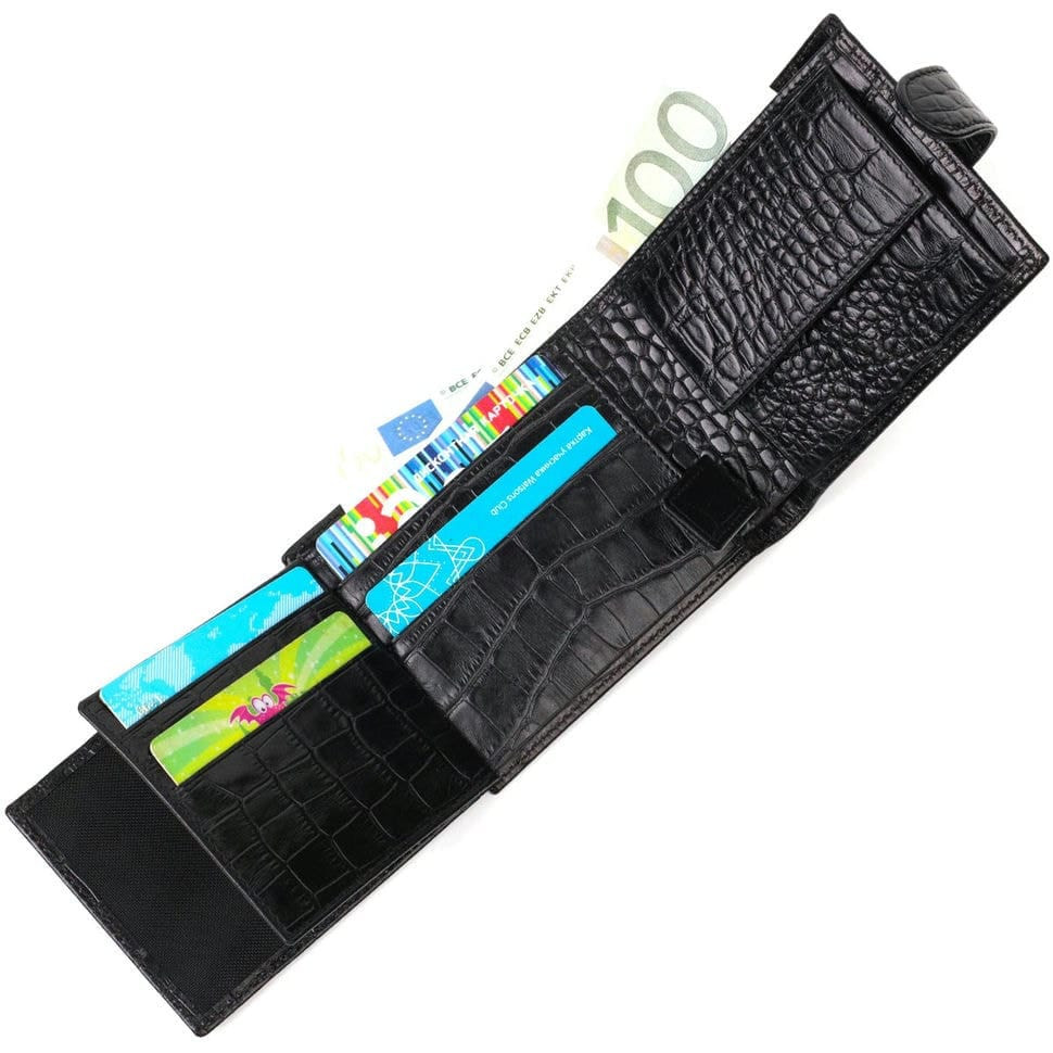 Чоловічий фактурний горизонтальний гаманець із натуральної шкіри з тисненням під крокодила BOND 22008 Чорний