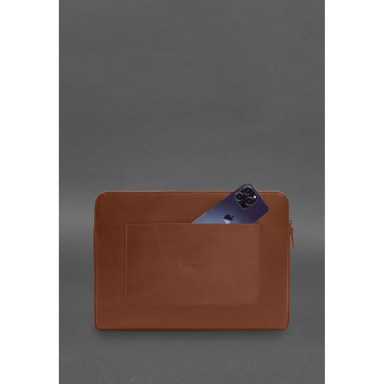 Leather Laptop Case with Zipper and Strap and Pocket Light Brown