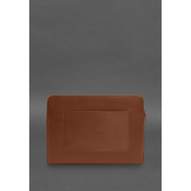 Leather Laptop Case with Zipper and Strap and Pocket Light Brown