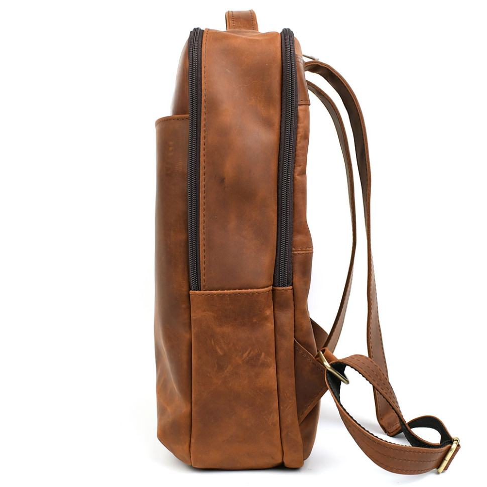 Mens leather backpack in cognac RB-7281-3md with a front zippered pocket