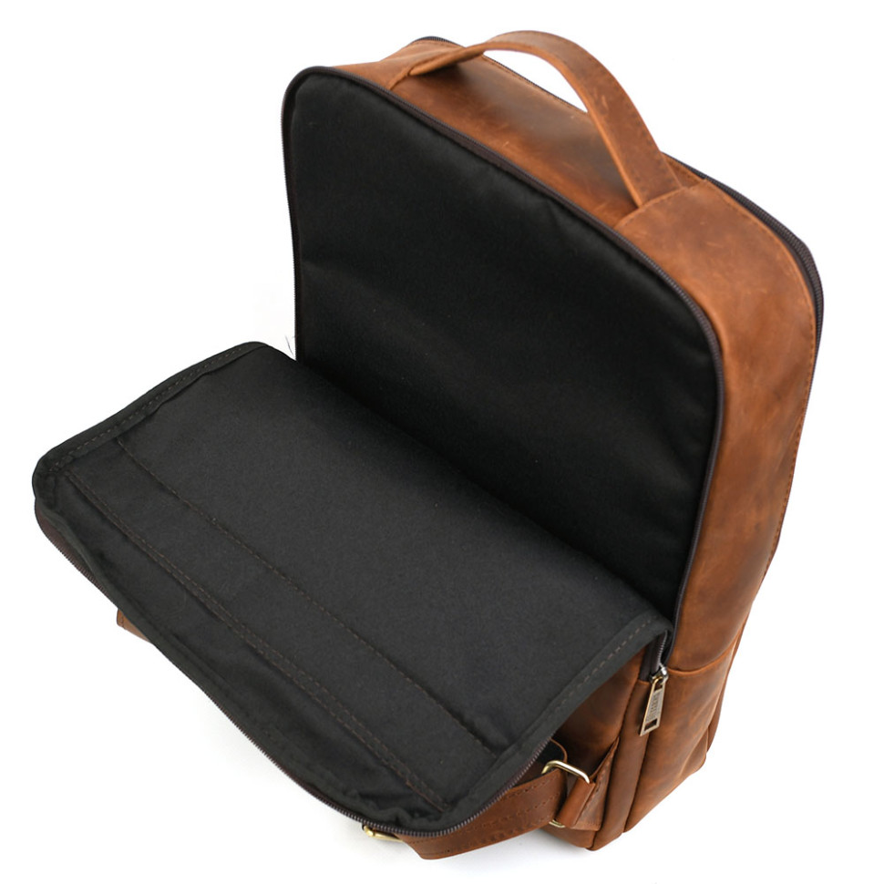 Mens leather backpack in cognac RB-7281-3md with a front zippered pocket