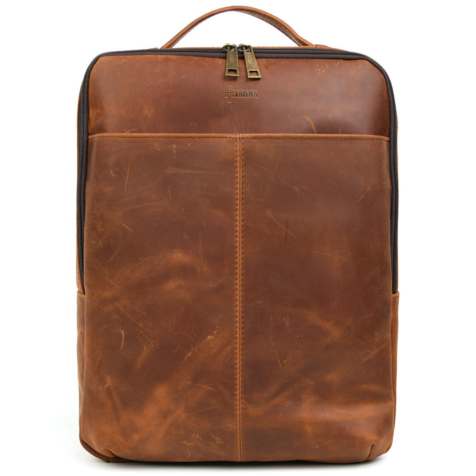 Mens leather backpack in cognac RB-7281-3md with a front zippered pocket