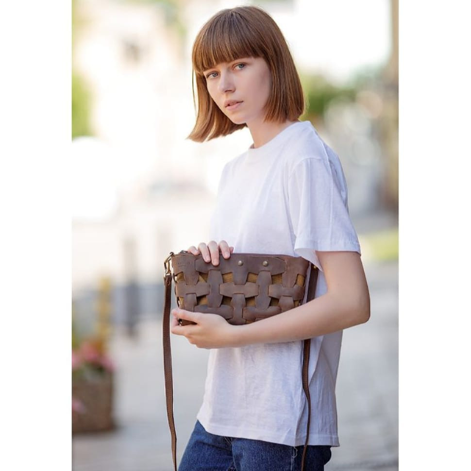 Women's leather woven bag Puzzle S dark brown Crazy Horse