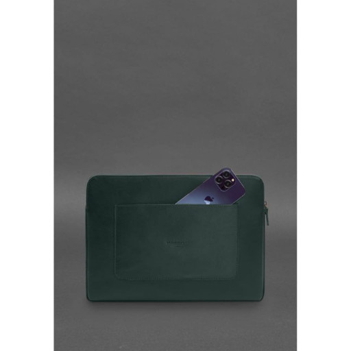 Шкіряний чохол для ноутбука на блискавці з хлястиком та кишенею Зелений