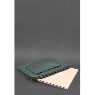Leather Laptop Case with Zipper and Strap and Pocket Green
