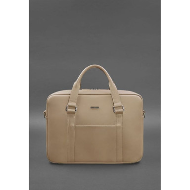 Leather bag for laptop and documents light beige