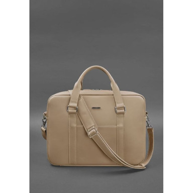 Leather bag for laptop and documents light beige