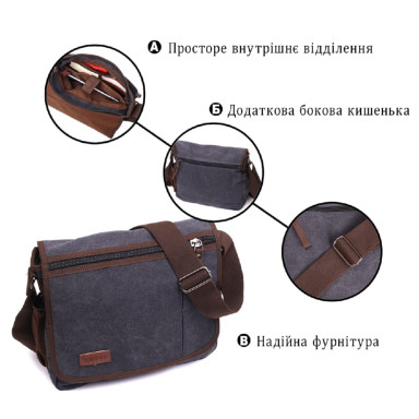 Сумка через плечо для ноутбука 13" из плотного текстиля Vintage 22200 Черный