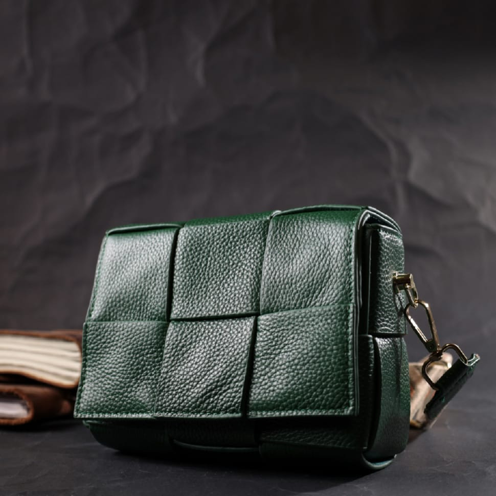 Компактная вечерняя сумка для женщин с переплетами из натуральной кожи Vintage 22312 Зеленая